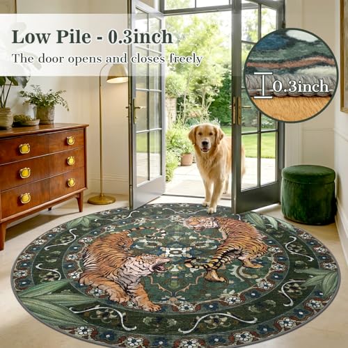 Geanlod 8Ft Round Green Tiger Washable Rug for Living Room & Bedroom