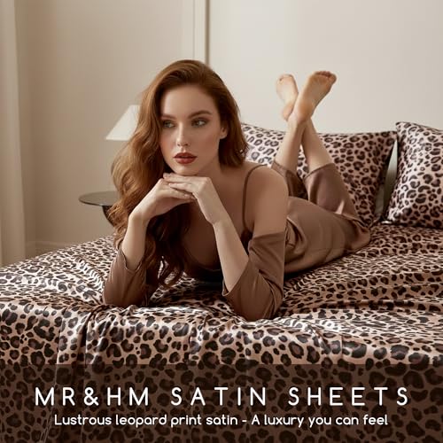 MR&HM Satin Bed Sheets Queen Size with Elastic Corner Straps - Brown Leopard