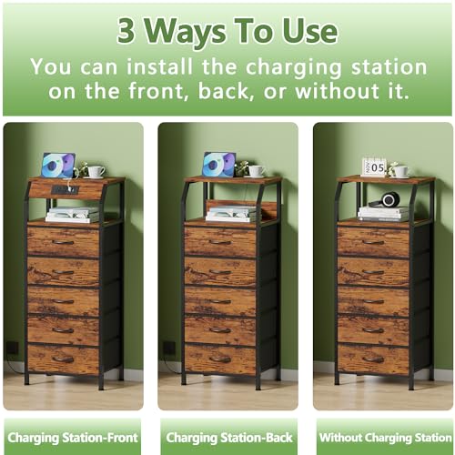 Furnulem 5-Drawer Dresser with Charging Station - Rustic Brown Nightstand
