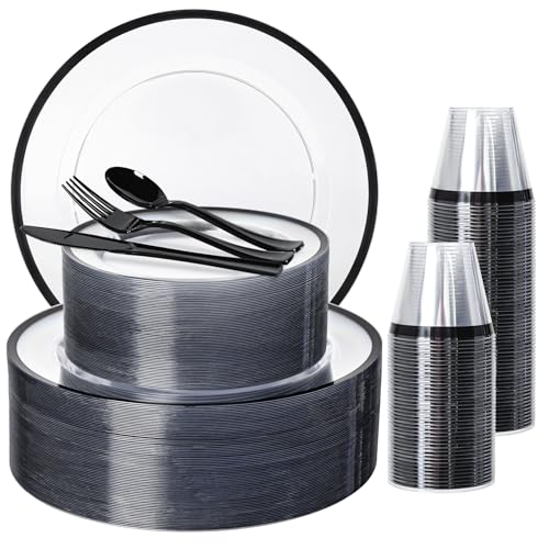 600PCS Clear Black Disposable Dinnerware Set for Parties - Heavy Duty, BPA-Free