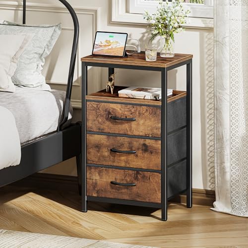Huuger Rustic Brown Nightstands Set of 2 with Charging Station - 27.6 Inch Tall, 3 Drawers