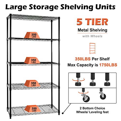 5-Tier Heavy Duty Wire Shelving Unit with Wheels - 36"D x 16"W x 75"H, Adjustable Storage Rack