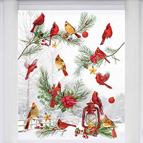 Mfault Winter Cardinal Window Clings 9 Sheets, Christmas Red Birds Glass Stickers Decal Poinsettia Pine Cone Bedroom Decorations, Xmas Kerosene Lamp Tree Branches Home Kitchen Living Room Decor