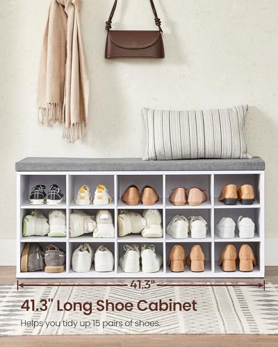 VASAGLE Shoe Storage Bench with Cushion, 15 Cubby Compartments, Cloud White + Dove Gray