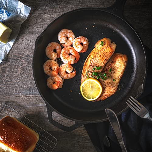 12 Inch Cast Iron Skillet with Lid - Pre-Seasoned Non-Stick Frying Pan - Black
