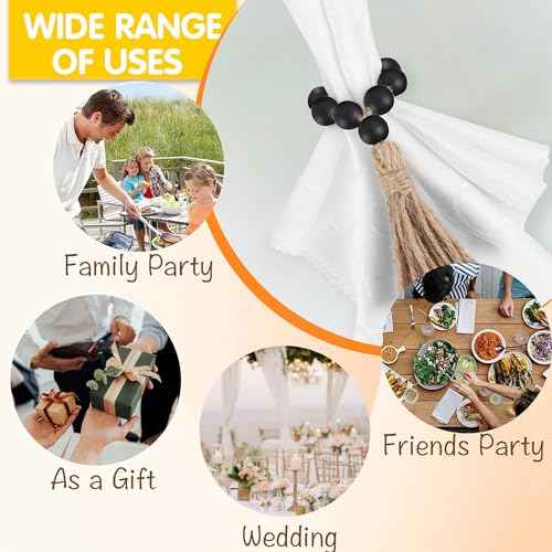 Meplait 6 Pieces Wooden Bead Napkin Rings - Farmhouse Stretchable With Tassel, Boho Style for Dining Table, Wedding Decoration (Black)