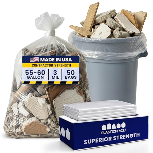 Heavy Duty 55-60 Gallon Trash Bags - Tear-Resistant Clear Garbage Liners, 50 Count - Contractor & Recycling Waste Bags, 3.0 Mil Thickness, Made in USA
