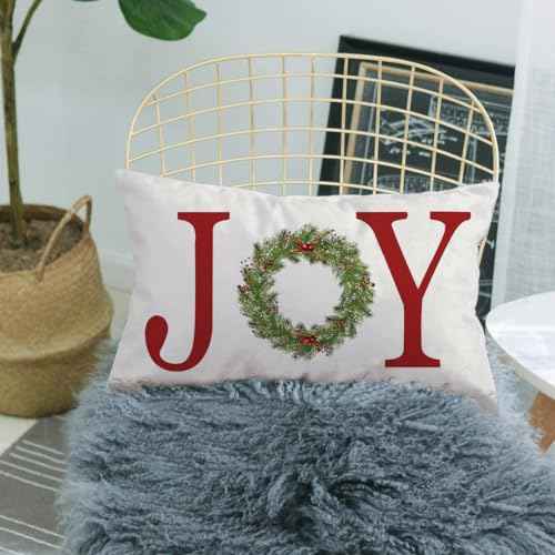 GTEXT Joy with Wreath Throw Pillow Cover Farmhouse Christmas Decor Cuhion Cover Buffalo Check Trees Pillow Cover Farm Decor 20x12 inch Outdoor Pillow Cushion,