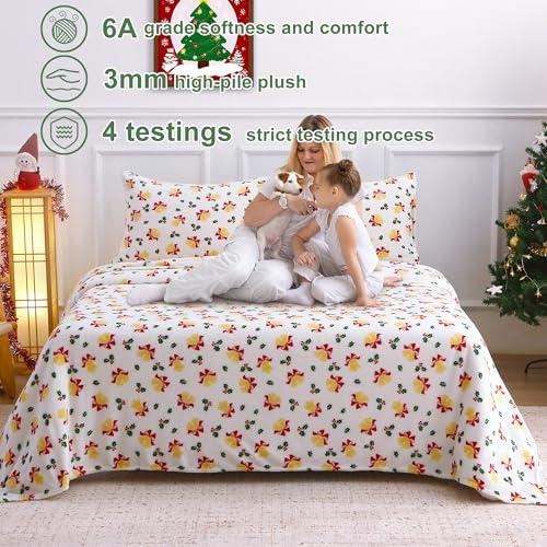 Softan Christmas Bell Twin Fleece Sheets Set - Cozy Flannel-Like Holiday Bedding