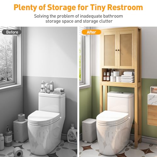 Over The Toilet Bathroom Storage Cabinet with Adjustable Shelf - Natural Rattan Style