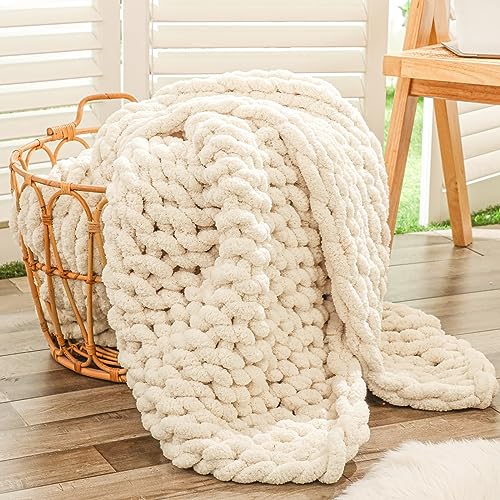 Bigacogo Beige Chunky Knit Throw Blanket 40x60 Inches for Couch & Bed