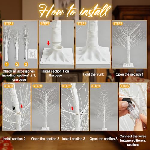 Rossesay 4ft 600LED Christmas Birch Tree Lights Outdoor Indoor Twinkle Tree with 8 Modes