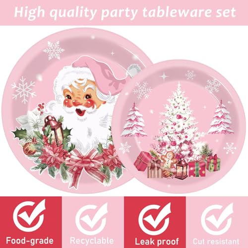 Pink Christmas Party Tableware Set - Disposable Plates, Napkins & Forks for Holiday Celebration