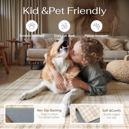 WondRg 7' x 9' Beige Plaid Living Room Area Rug - Non-Slip, Pet-Friendly