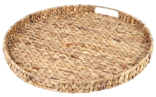 24-Inch Round Water Hyacinth Ottoman Tray with Handles - Oversized Serving and Decorative Table Organizer - Handmade