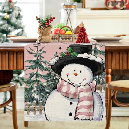 Pink Xmas Snowman Table Runner 13x120 Inch Holiday Home Decor