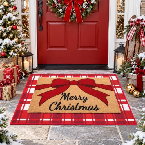 Prewplam 2 Pcs Christmas Welcome Doormat Set with Red Bow & Plaid Rug