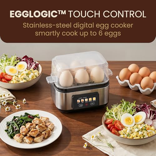 Elite Gourmet 6 Egg Digital Egg Cooker - Stainless Steel, 6-Egg Capacity, One-Touch Display