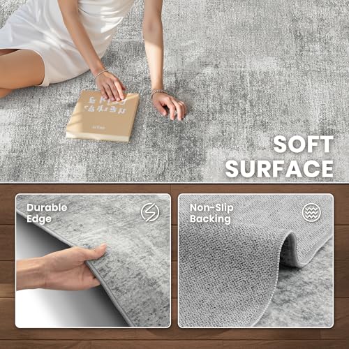 Washable Area Rug 8x10 - Neutral Abstract Grey Rug for Living Room - Non-Slip, Soft, Eco-Friendly