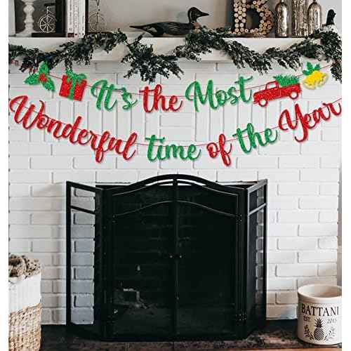 Red Green Glitter It's The Most Wonderful Time of The Year Banner with Holly Berry Xmas Tree Bells Christmas Holiday Party Banner Merry Christmas Holly Jolly Winter Party Mantle Decorations