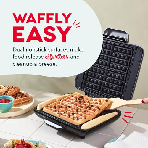 DASH No-Drip Silver Waffle Maker - 4 Square Mini Waffles, Family Breakfast