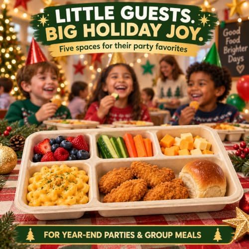Tinybee 5-Compartment Compostable Plates - Natural, 12.5 x 8.6 Inches, 100 Pack