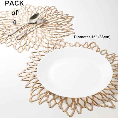 Snowkingdom 4 Pack Gold Placemats Metallic Pressed Vinyl Golden for Dinning Table Place Mats Round Floral Charger Decoration for Christmas Thanksgiving Holiday Wedding