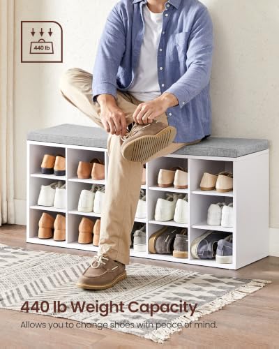 VASAGLE Shoe Storage Bench with Cushion, 15 Cubby Compartments, Cloud White + Dove Gray