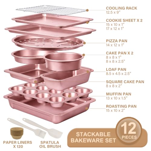 Pink Bakeware Set with 12 Nonstick Pans & Rack - Rose Pink