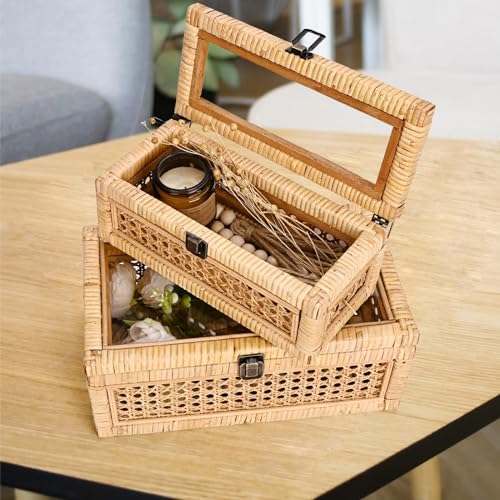 Natural Rattan Decorative Storage Box with Glass Lid Set of 2 - 12.2" x 7" x 5.1"