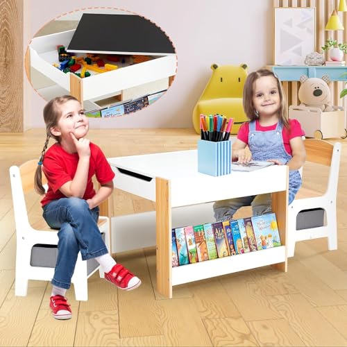 Asweets Kids 4-in-1 White Kids Table & Chair Set with Storage Drawer, 24.49 x 24.49 inches