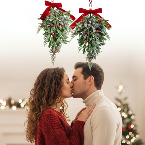 Suncalla 2-Pack 16-Inch Christmas Teardrop Mistletoe Decorations with Berries & Red Bows