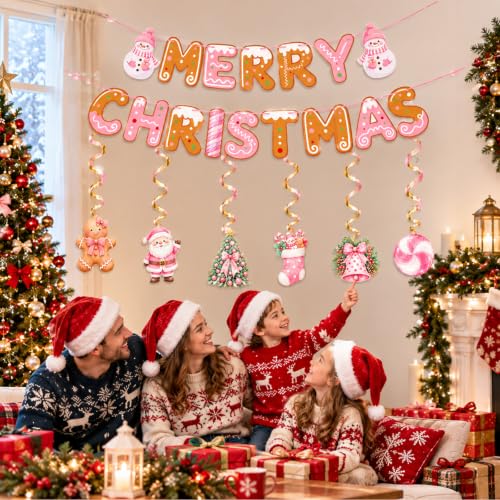 CANVVICH Merry Christmas Banner Garland with Hanging Swirls - Pre-Strung Holiday Decor