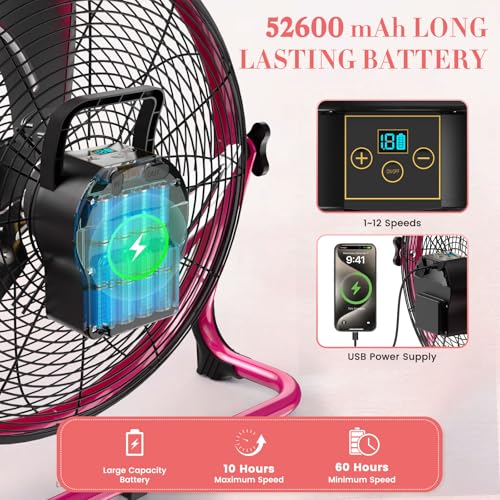 18-Inch Rechargeable Portable Battery Fan - Rose Red, Wireless, 360° Tilt, 10-60H Runtime