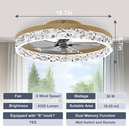 VOLISUN 19.7in Gold Flush Mount Ceiling Fan with Lights & Remote, Dimmable 3000K-6500K, Modern Quiet Fan for Bedroom & Living Room