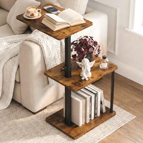 Faesun Adjustable 360° Swivel C-Shaped Side Table with Storage - Rustic Brown, Standard / Rich Edition