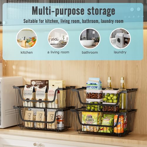 GAOKASE 4 Pack Stackable Wire Baskets Pantry Organizers & Storage Bins, Black