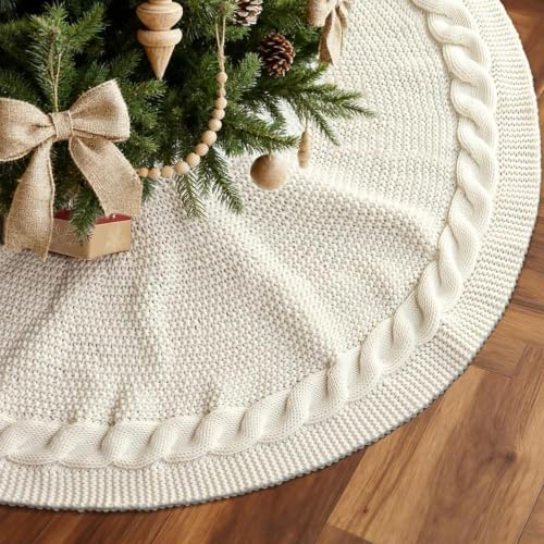 Yuboo Cream Cable Knit Christmas Tree Skirt 36 Inch Boho Farmhouse Decor