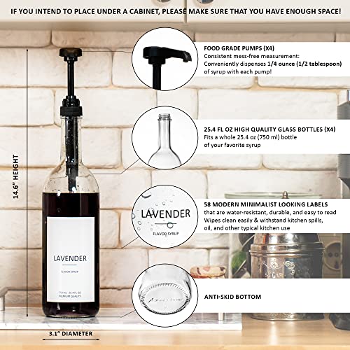 Glass Coffee Syrup Dispenser Set of 4 with Pumps & Labels - 25.4 oz / 750 ml