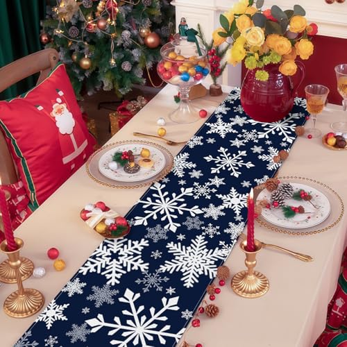 72 x 13 Inch Christmas Table Runner, Navy Blue with White Snowflake