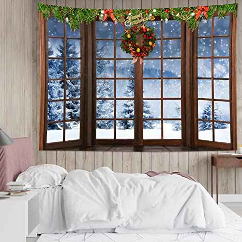 HVEST Christmas Winter Tapestry Snow Forest outside Windows Tapestries Wall Hanging Red Xmas Balls and Christmas Wreath Tapestry for Bedroom Living Room Dorm Wall Decor, 60W x 40H inches