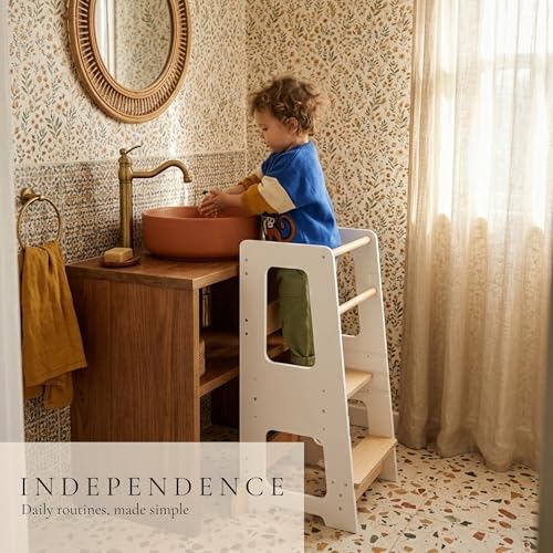 White Wooden Toddler Kitchen Helper Tower with 3 Heights - Safe & Adjustable