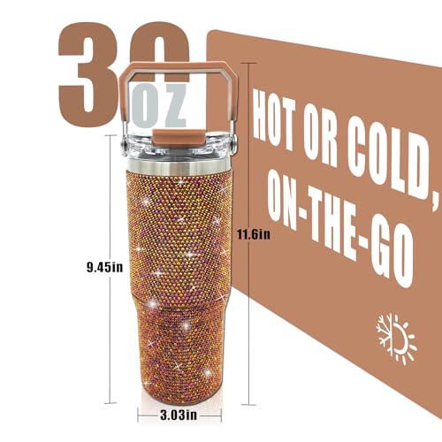 30oz Rhinestone Bling Insulated Travel Tumbler with Handle & Leakproof Lid - Coffee Edition