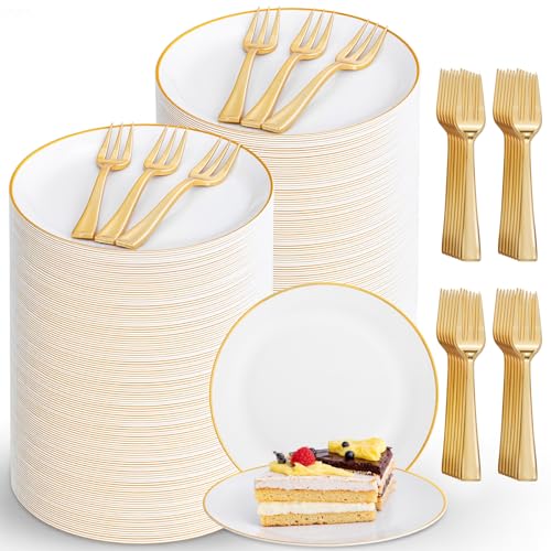 White Gold Disposable Dessert Plates & Forks Set for 200 Guests