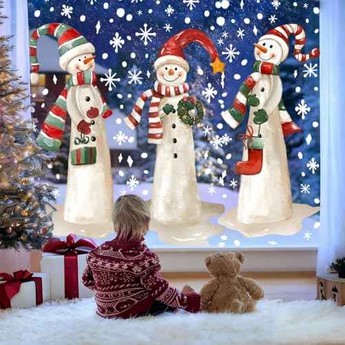 3 Sheets Christmas Extra Large Snowman Window Clings, Winter Snowflakes Xmas Window Stickers Decals for Indoor Outdoor Home Holiday Party Store Glass Decorations