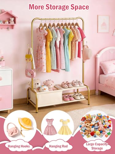 Kids Clothing Rack with Shelf & Hooks - Metal Toddler Dress Up Organizer, Gold