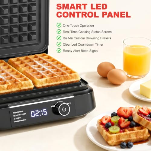 Silver Waffle Maker with 8 Browning Levels & Digital Timer - Smart LED Display