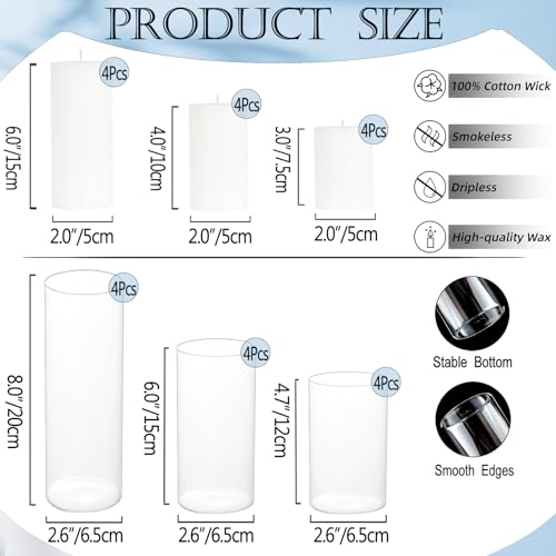 12-Set White Pillar Candles & Glass Candle Holders Set for Weddings & Events