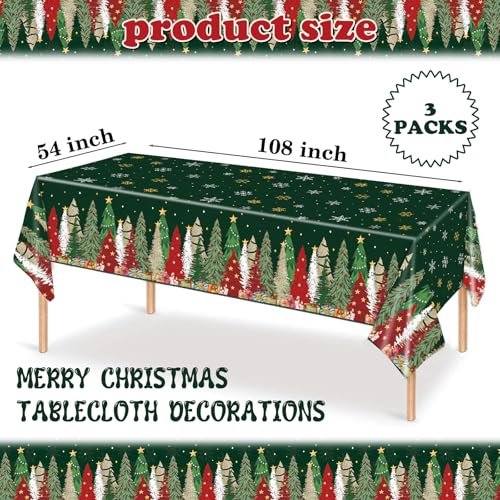 Green 3-Pack 54x108 Inch Christmas Table Covers - Snowflake Tree Trim, Waterproof Plastic Gift Display