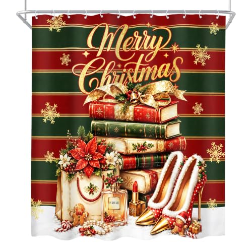 Cinbloo Christmas Bathroom Shower Curtain Set with Rugs A1-Red Green 72x72 Inches, Pack of 4